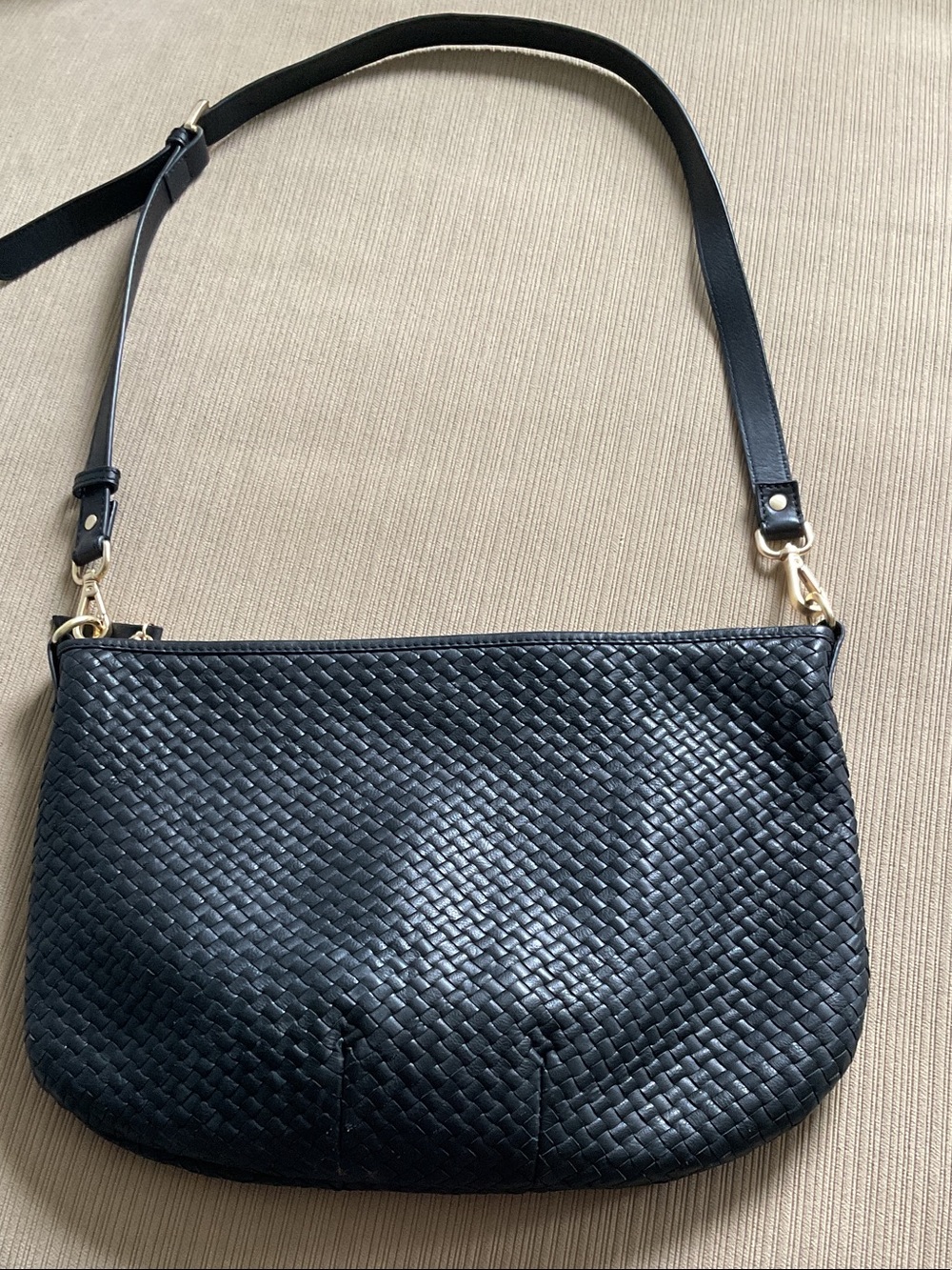Quince Black Woven Leather Crossbody with Gold Accents